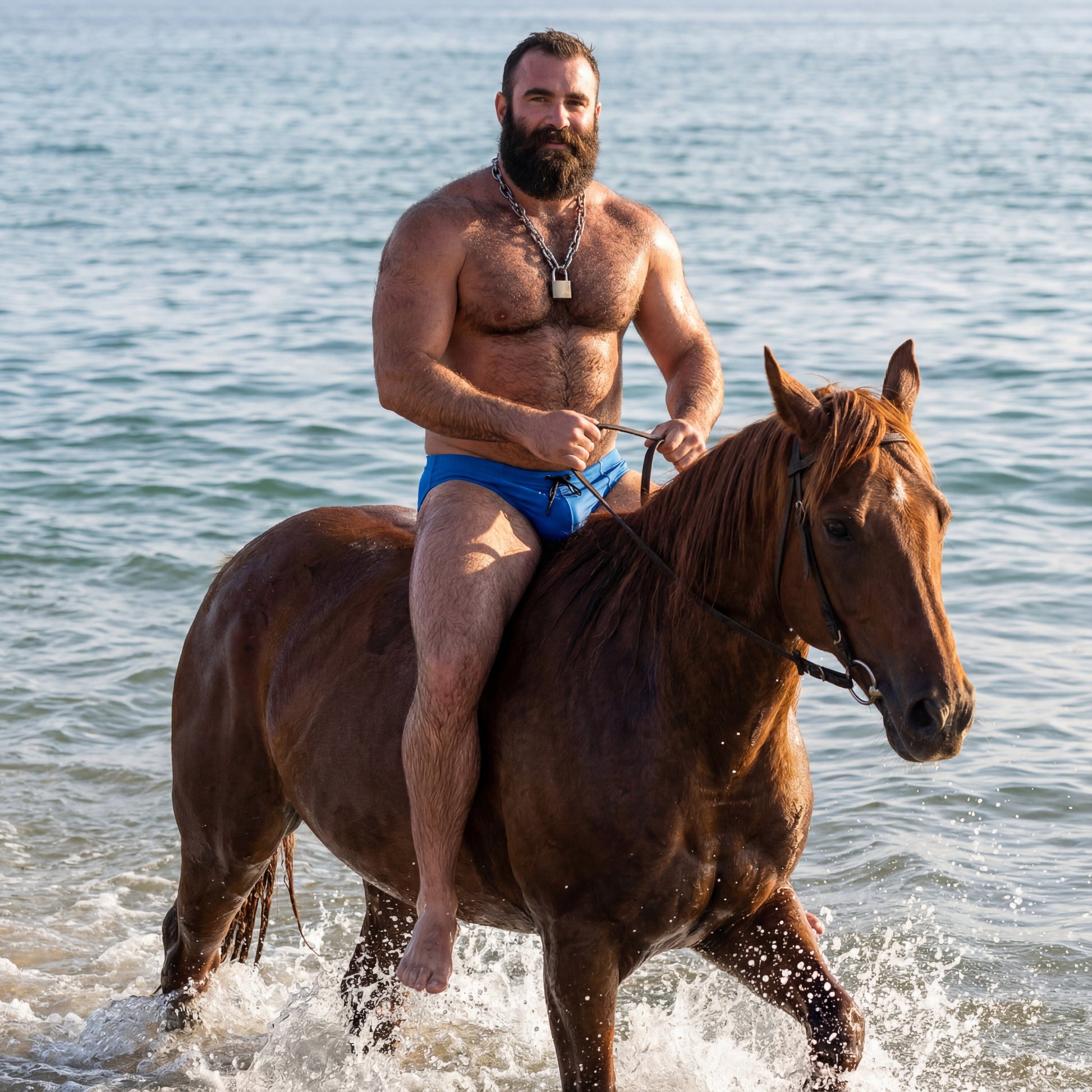 Man riding a horse in the water near the ocean
