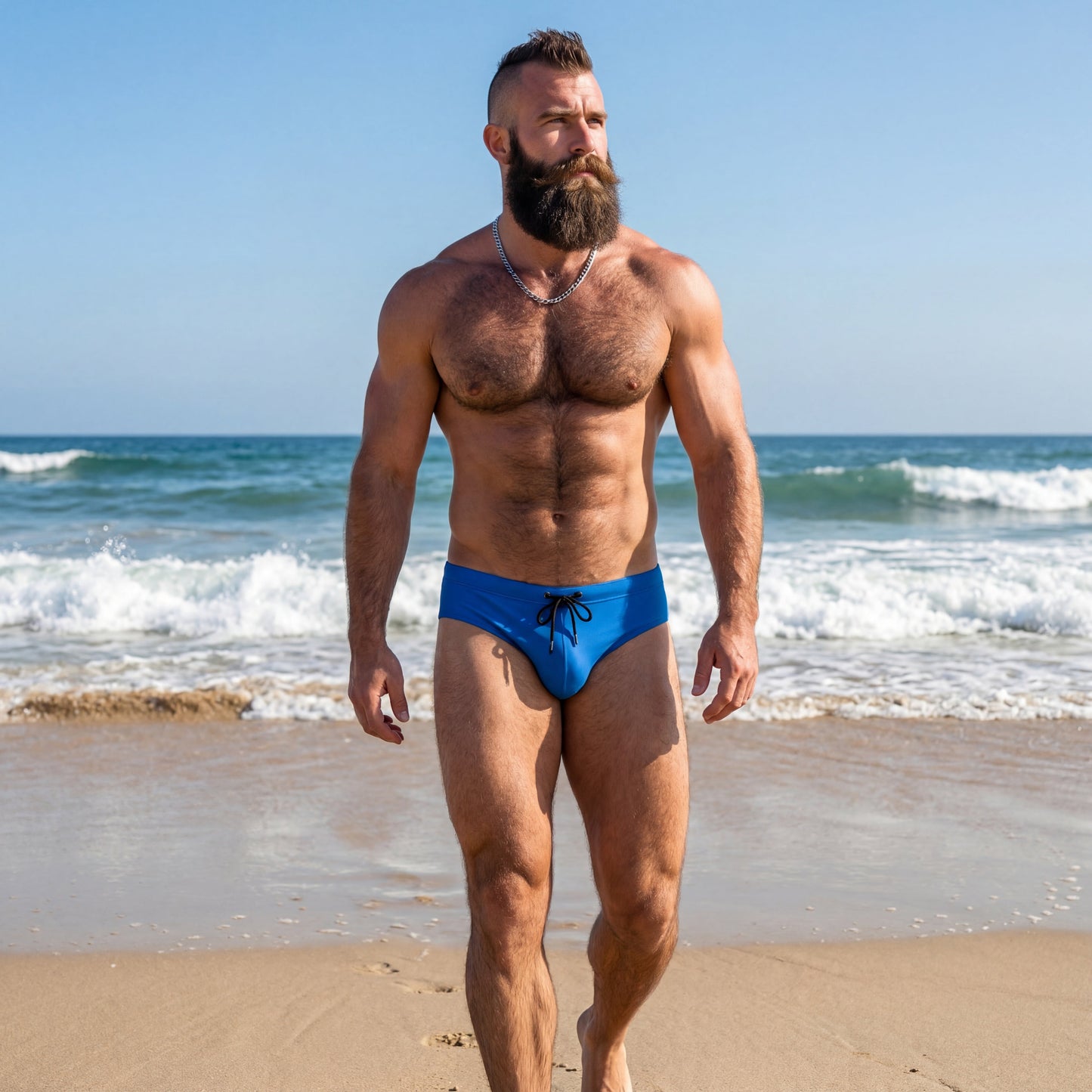 Man in blue swim trunks standing on a beach with ocean waves in the background