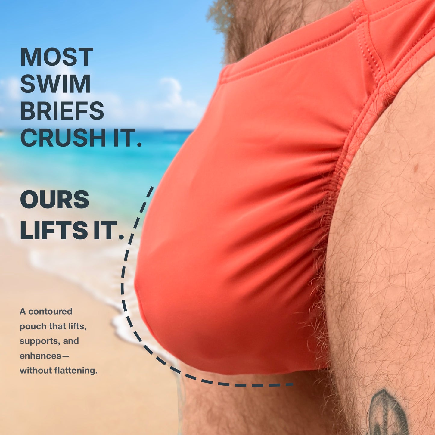 Pink swim briefs with beach background and text highlighting product features.