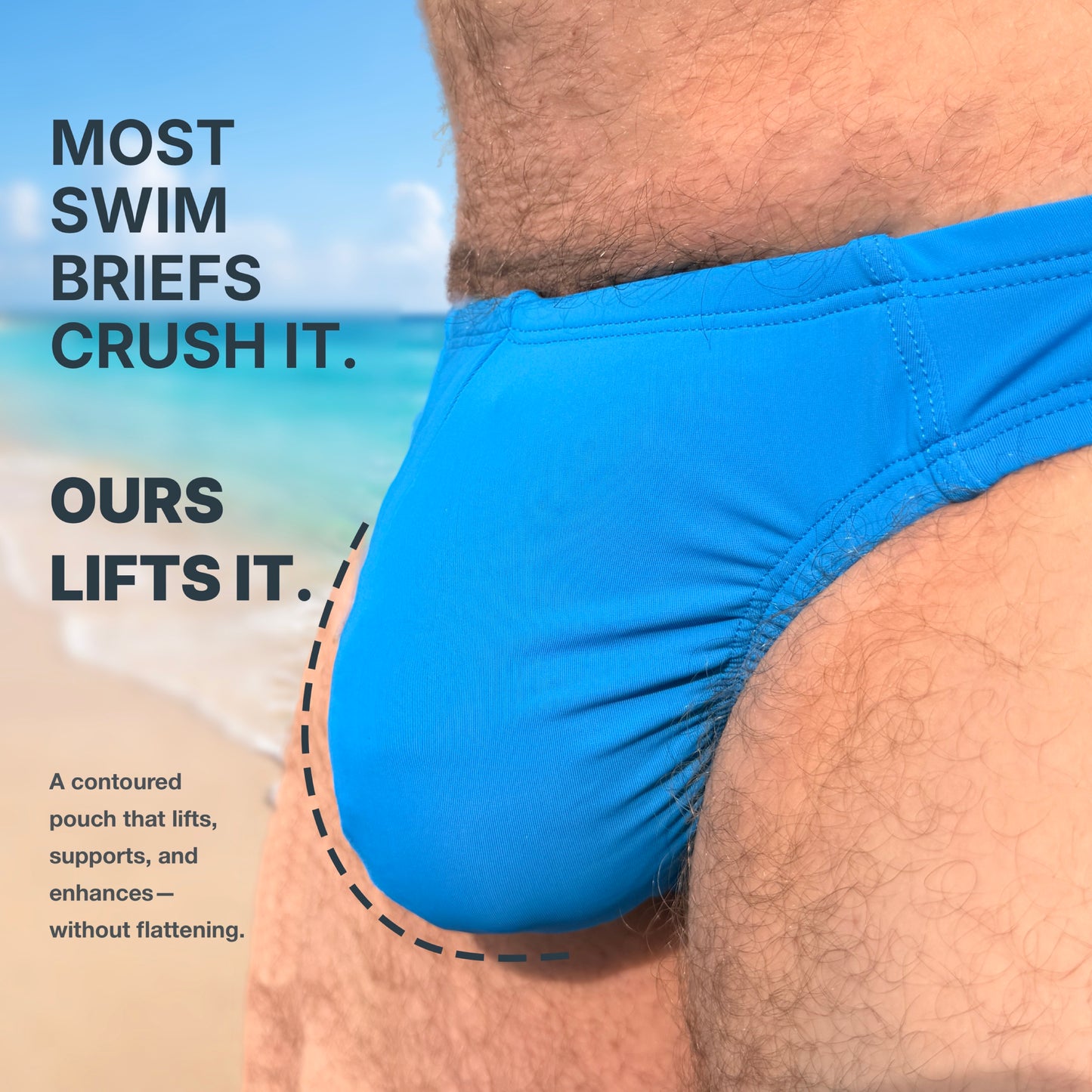 Blue swim briefs being worn with a beach background and text highlighting the product's features.