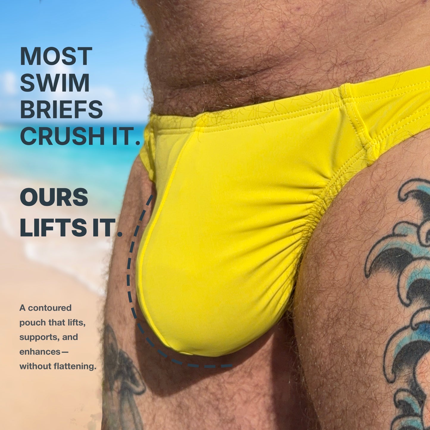 Yellow swim briefs being worn with a beach background and text about the product's features.