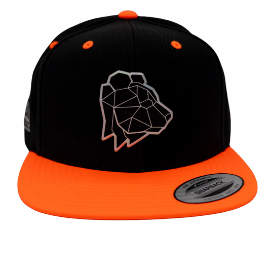 Black and orange cap with geometric logo on a white background