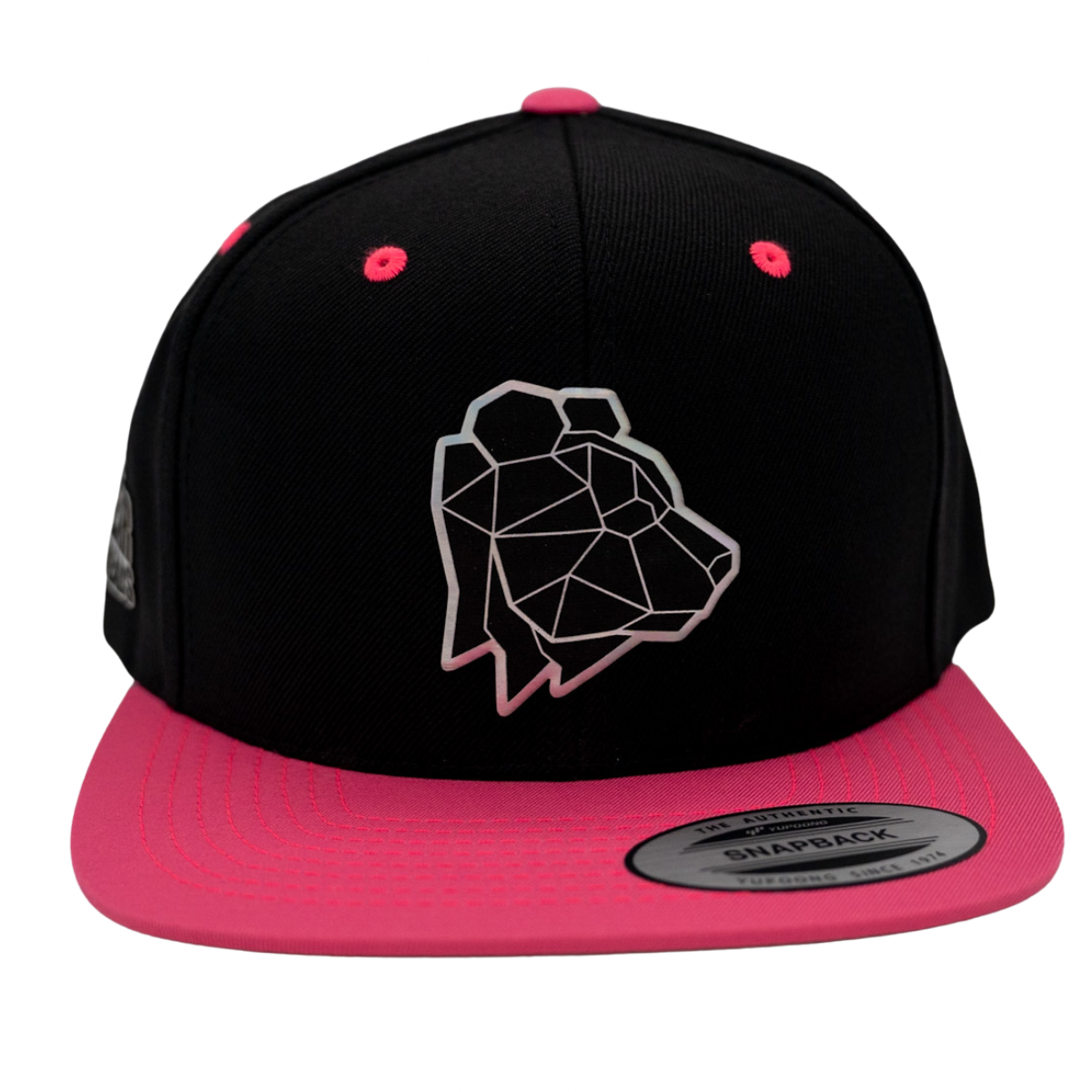 Black and pink snapback cap with geometric bear design on a white background