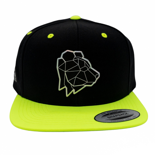 Black and yellow cap with geometric logo on a white background